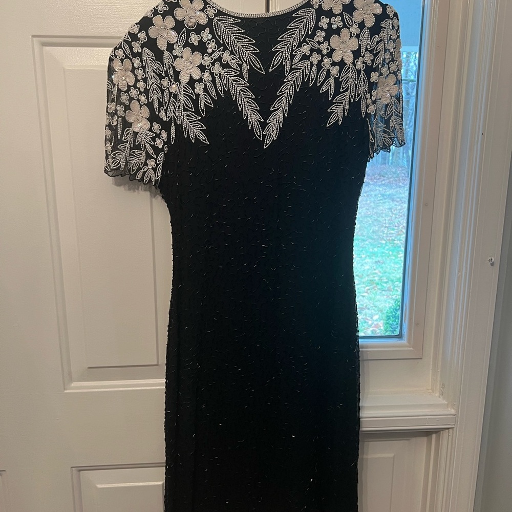 Vintage Champ Ellyse Silk Beaded and Sequined Black and White cocktail dress SM